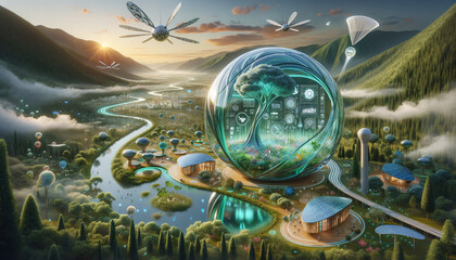 Futuristic Environmental Control Center in Harmonious Landscape. - obrazy, fototapety, plakaty
