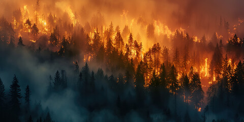 Forest fire in the mountains. Wildfire burns - obrazy, fototapety, plakaty