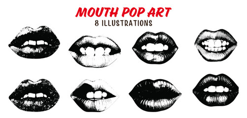 Collection of drawn pop art mouths.  Sketch illustration. Engraved style.