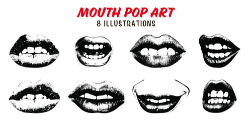 Collection of drawn pop art mouths.  Sketch illustration. Engraved style.