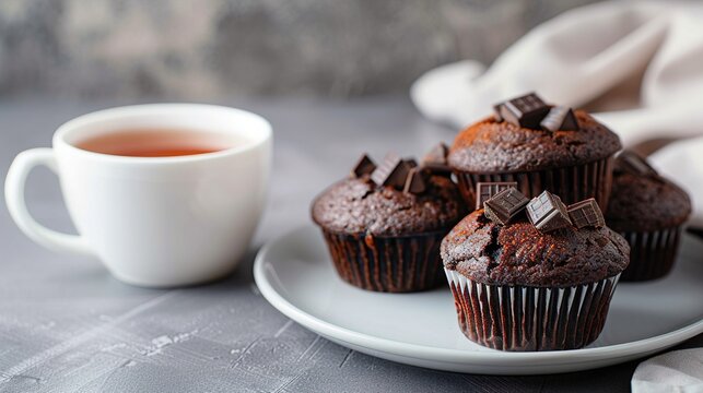 Fresh chocolate Muffins with a mug of tea on grey table. Image for Cafe and Restaurant Menus