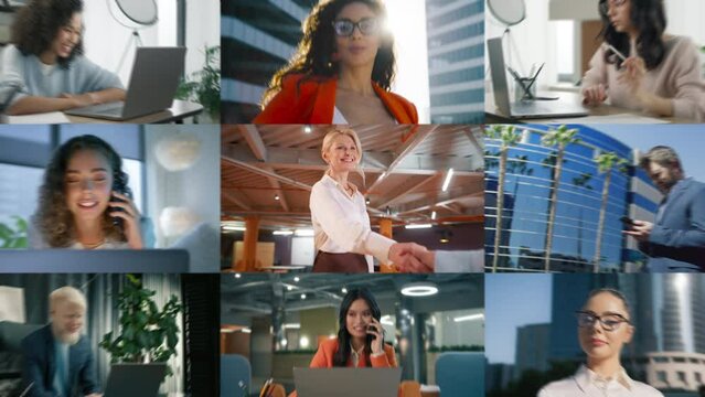 Zoom out portrait mature lady boss shaking hand to confirm business contract agreement. Collage of diverse age and gender business people. Global company managers, corporate culture, office work day
