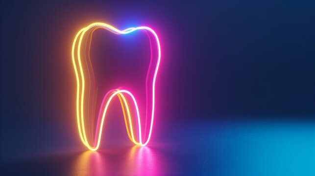Tooth in neon light. Dental care concept