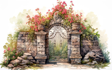 Fototapeta na wymiar Whimsical garden gate with seasonal plants and flowers on white background.