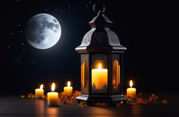 Fototapeta na wymiar Eid al-Fitr, Laylat al-Qadr, holy month of Ramadan,Arab lantern fanus, candles, full moon and stars, magical atmosphere, dark background