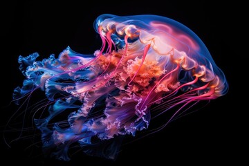 Fototapeta premium A jellyfish overlaid with underwater bioluminescent organisms in a double exposure