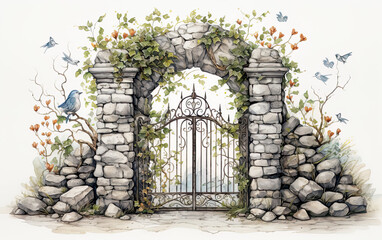 Whimsical garden gate with seasonal plants and flowers on white background.