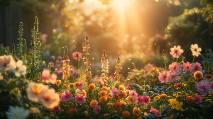 The golden hour light bathes a lush flower garden, highlighting the vivid colors and diverse...