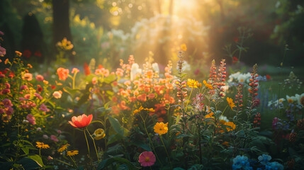 The golden hour light bathes a lush flower garden, highlighting the vivid colors and diverse...