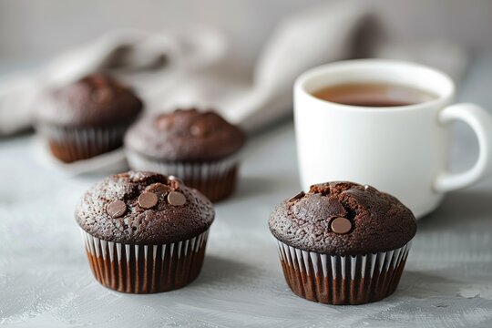 Fresh chocolate Muffins with a mug of tea on grey table. Image for Cafe and Restaurant Menus