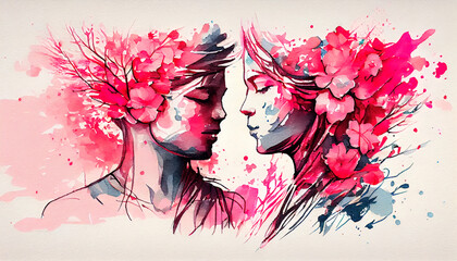 Watercolor festive background with flowers and a girl. AI generated