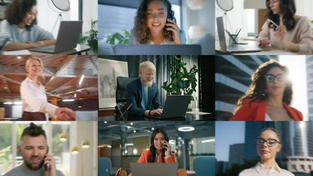 Zoom out executive businessman on video conference call in modern office. Corporate CEO using laptop camera technology to negotiate project with management team. Diverse group of business people 4K