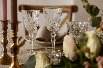 Wedding table setting in a vintage building.