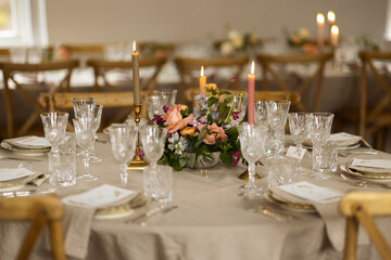 Wedding table setting in a vintage building.
