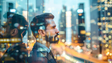 Businessman Contemplating Investment Decisions in Cityscape Reflection