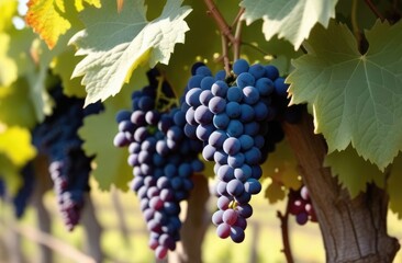 close-up, ripe bunch of blue grapes on a vine branch, grape plantation, summer vineyard,...