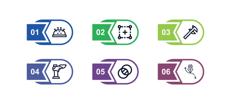 outline icons set from edit tools concept. editable vector included line tool, free transform, calipers, cobbler, needle case, opacity icons. infographic template