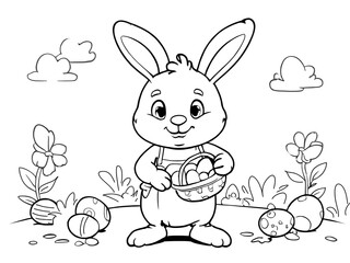 Easter bunny with easter eggs in a wicker basket against nature background, sky, grass, flowers, cute children's colouring album page. Coloring page for kids for easter holiday, black and white sketch