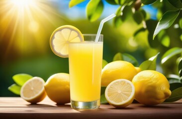 freshly squeezed lemon juice on a wooden table, fresh yellow ripe lemons on the branches of a lemon tree, on the background of a lemon garden, lemon plantation to the horizon, sunny day