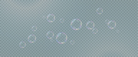 Realistic soap vector bubbles png isolated on transparent background. The effect of falling and flying bubbles. Glass bubble effect.	