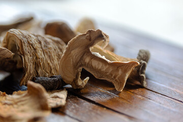 Mix of edible dried mushrooms for preparing mushroom soup.