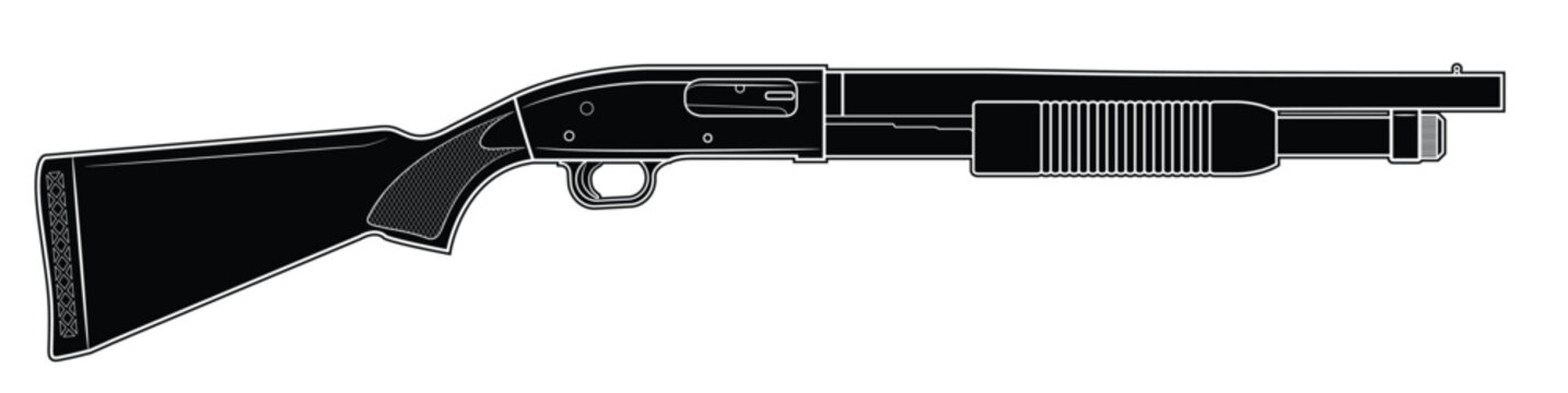 Vector illustration of the most famous, traditional, pump-action shotgun on a white background. Black. Right side.