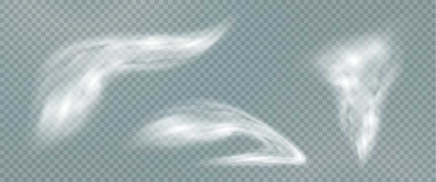 This is a vector set of realistic powder or mist sprays, aerosol trails and bursting vapour splashes. Festive wind, Christmas spotted, cold air. Smoke from car wheels, smoke from explosions.