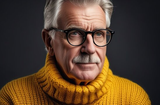 Senior man in yellow knitted sweater on dark background, space for text