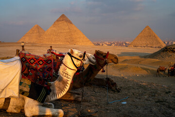 Pyramids of Giza, pyramid complex consist of three pyramids, Menkaure, Khafre or Chephren, and the...