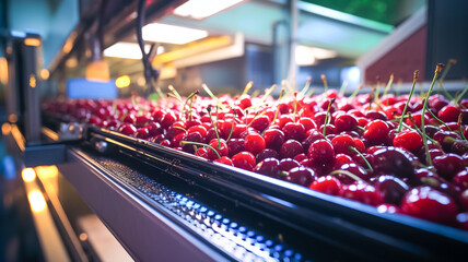 Red ripe cherries on a wet conveyor belt in a packing warehouse. Sorting of cherries on a conveyor. 
 - obrazy, fototapety, plakaty