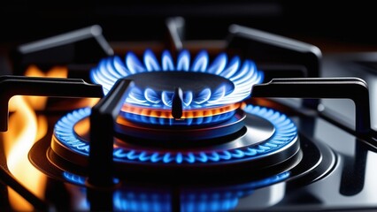 A concept photo for gas, bill costs, price increases, heat and the environment. Close-up of the blue gas on the stove at home,