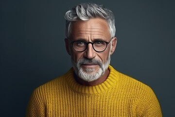 Senior man with beard in yellow knitted sweater, dark background - obrazy, fototapety, plakaty