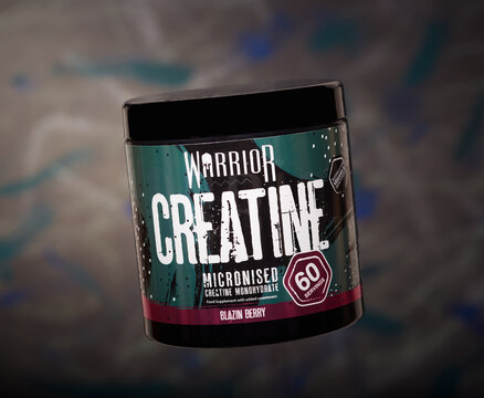 Mansfield,Nottingham,United Kingdom,26th February 2024:Studio product image of Warrior creatine this is produced in Canada. 