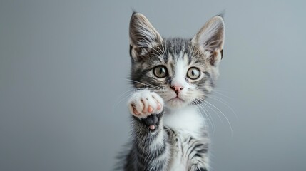 playfully looking ahead with front paw up against a light gray background in a studio portrait of a cheerful gray and white kitten