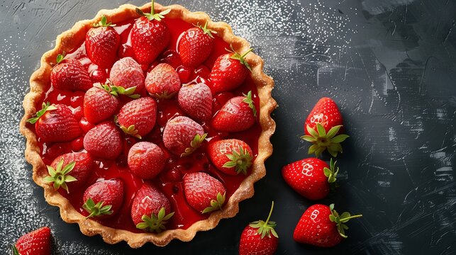 Studio image of a vegan strawberry tart that is ready to eat