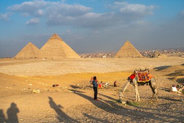 Pyramids of Giza, pyramid complex consist of three pyramids, Menkaure, Khafre or Chephren, and the...