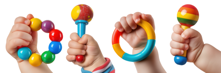 A set of various colorful toys in the hands of babies in close-up, isolated on a white or transparent background. A collection of several infants' hands holding developmental toys.