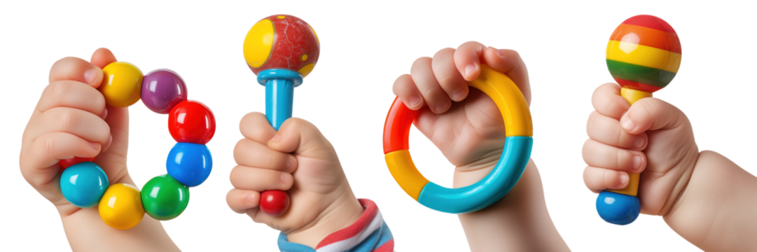 A set of various colorful toys in the hands of babies in close-up, isolated on a white or transparent background. A collection of several infants' hands holding developmental toys.