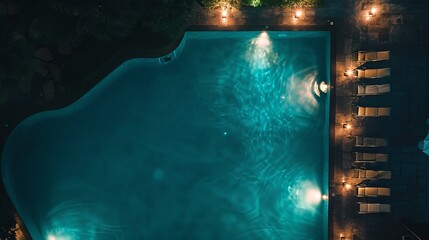 Top view of sparkling lights reflecting off the pool's water at night - obrazy, fototapety, plakaty