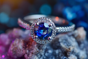 Fototapeta premium Silver or white gold ring with diamonds and blue sapphires closeup. Precious gems and metals, natural gemstone jewelry