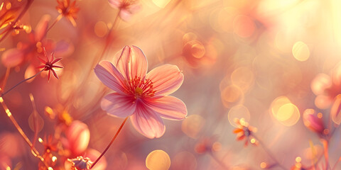 Pink flowers springtime still life or internet banner. Beautiful small pink flowers on the soft pink background.