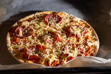 Pizza with salami and cheese baked in the oven