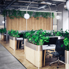 Offene Büroarchitektur unter Berücksichtung der Nachhaltigkeit bei der Wahl der Materialien und der Raumgestaltung (Planung) - 3D Visualisierung mit Tiefenunschärfe