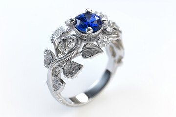 Silver or white gold ring with diamonds and blue sapphires closeup. Precious gems and metals, natural gemstone jewelry