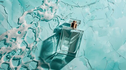 Top view of a transparent glass bottle filled with a fragrant perfume set against a clean turquoise background in a bright studio