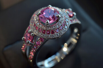 Silver or white gold cocktail ring with diamonds and pink sapphires closeup. Precious gems and metals, natural gemstone jewelry