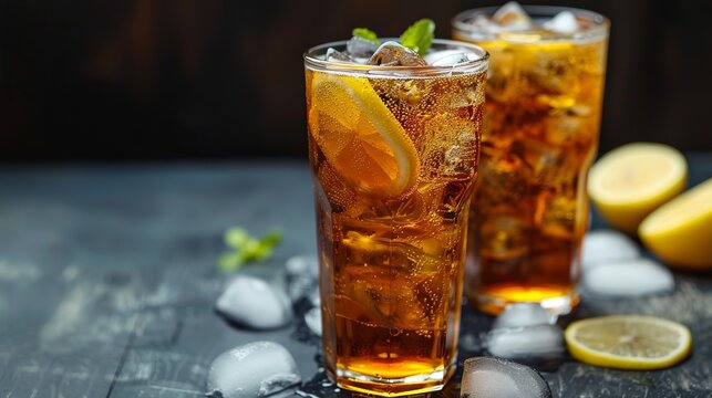 tall cups of classic iced tea with lemon and ice
