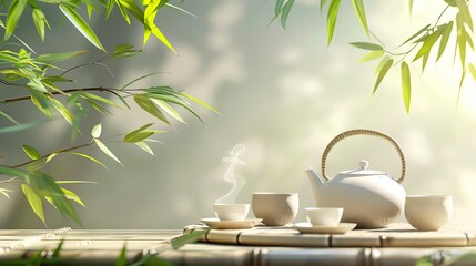 Teapot, cups, and bamboo leaves on the table.