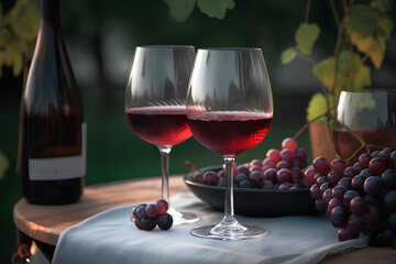 Glasses of red wine on the table outdoors on blurred vineyard background