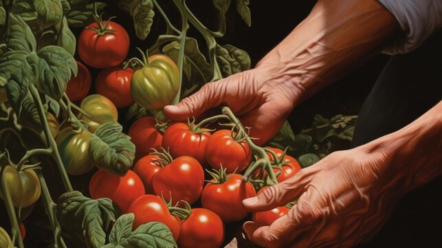 A painting of a person's hands picking tomatoes from a vine.